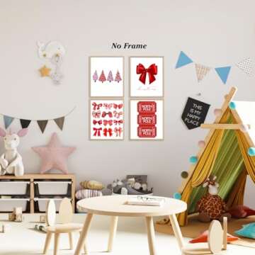 Boat Wades Red Coquette Christmas Bow Unframed Wall Art Prints,Pink Christmas Tree Bow Posters & Prints For Girls Room Dorm Decor,Red Coquette Christmas Room Decor 8x10 Set Of 4