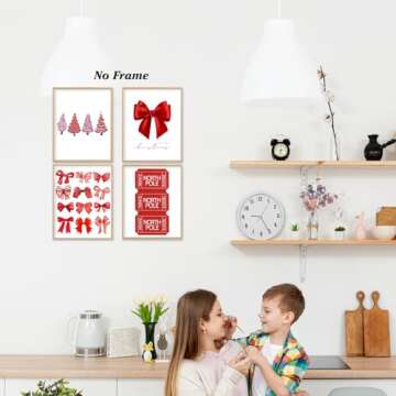 Boat Wades Red Coquette Christmas Bow Unframed Wall Art Prints,Pink Christmas Tree Bow Posters & Prints For Girls Room Dorm Decor,Red Coquette Christmas Room Decor 8x10 Set Of 4