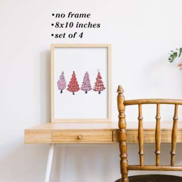 Boat Wades Red Coquette Christmas Bow Unframed Wall Art Prints,Pink Christmas Tree Bow Posters & Prints For Girls Room Dorm Decor,Red Coquette Christmas Room Decor 8x10 Set Of 4