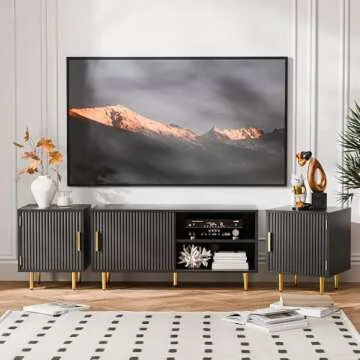 Cozy Castle 75" Modern Fluted Stand for TV up to 80", Mid Century Entertainment Center with Storage and Open Shelves, Media Console for Living Room, Bedroom, Black