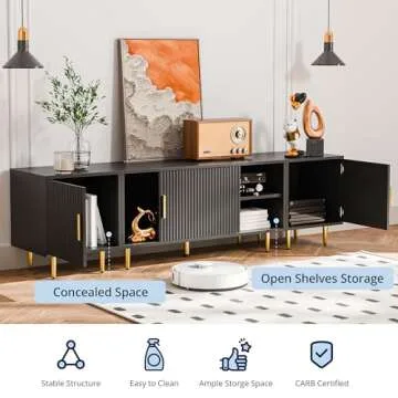 Cozy Castle 75" Modern Fluted Stand for TV up to 80", Mid Century Entertainment Center with Storage and Open Shelves, Media Console for Living Room, Bedroom, Black