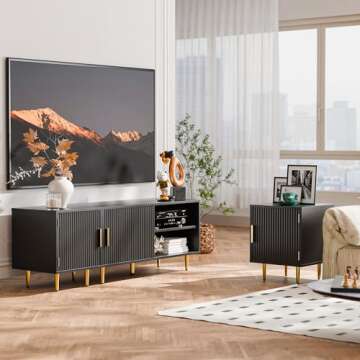 Cozy Castle 75" Modern Fluted Stand for TV up to 80", Mid Century Entertainment Center with Storage and Open Shelves, Media Console for Living Room, Bedroom, Black