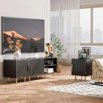 Cozy Castle 75" Modern Fluted Stand for TV up to 80", Mid Century Entertainment Center with Storage and Open Shelves, Media Console for Living Room, Bedroom, Black