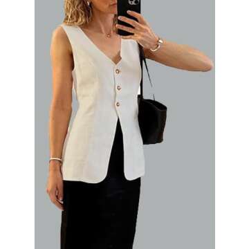 YBYBfit Long Linen Waistcoat Vest for Women Summer Casual V Neck Button Down Sleeveless Tops with Pocket, Medium, Sand