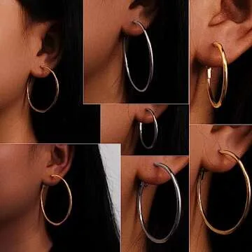 Sroyte 6 Pairs Gold Silver Hoop Earrings for Women, 14K Gold Plated Stainless steel Earring for Wome...