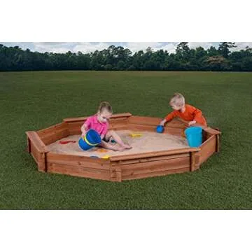 Octagon Wooden Cedar Sand Box w Seat Boards | Eco-Friendly Cover & Ground Liner | 84" X 78" x 9" | 3/4" Cedar Boards | Easy DIY Assembly | Holds 800+ lbs of Sand | Natural Cedar Beauty Built to Last