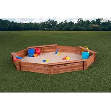 Octagon Wooden Cedar Sand Box w Seat Boards | Eco-Friendly Cover & Ground Liner | 84" X 78" x 9" | 3/4" Cedar Boards | Easy DIY Assembly | Holds 800+ lbs of Sand | Natural Cedar Beauty Built to Last