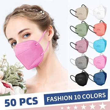 KN95 Face Masks for Adults, 50 Pack 10 Colors Disposable KN95 Masks, 5 Layer Breathable Individually Wrapped Face Masks with Designs, Filter Efficiency 95%