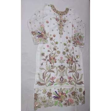 white Georgette Long & Straight muslim Zari & Sequin Embroidery pakistani Salwar kameez Muslim suit 1549 (s) (2xl)