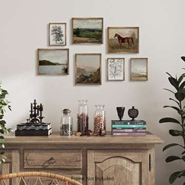 Rustic French Country Wall Art Decor - Boho Art Deco Victoria Picture Bathroom - Modern Farmhouse Kitchen Poster Print - Aesthetic Vintage Landscape Set, Horse Lake Mountain Tree Sketch Meadow Nature