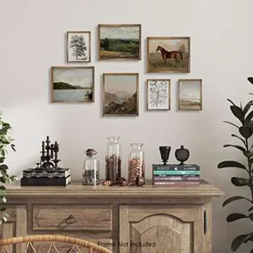 Rustic French Country Wall Art Decor - Boho Art Deco Victoria Picture Bathroom - Modern Farmhouse Kitchen Poster Print - Aesthetic Vintage Landscape Set, Horse Lake Mountain Tree Sketch Meadow Nature