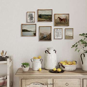 Rustic French Country Wall Art Decor - Boho Art Deco Victoria Picture Bathroom - Modern Farmhouse Kitchen Poster Print - Aesthetic Vintage Landscape Set, Horse Lake Mountain Tree Sketch Meadow Nature