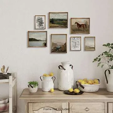 Rustic French Country Wall Art Decor - Boho Art Deco Victoria Picture Bathroom - Modern Farmhouse Kitchen Poster Print - Aesthetic Vintage Landscape Set, Horse Lake Mountain Tree Sketch Meadow Nature