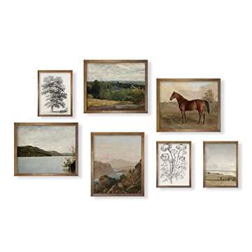 Rustic French Country Wall Art Decor - Boho Art Deco Victoria Picture Bathroom - Modern Farmhouse Kitchen Poster Print - Aesthetic Vintage Landscape Set, Horse Lake Mountain Tree Sketch Meadow Nature