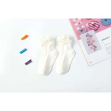 Gwenvenni Toddler Girls White Double Ruffle Lace Trim Cotton Socks Frilly Dress Socks 5-Pack, Age 6-...
