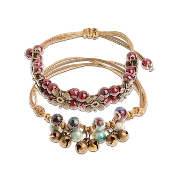 Jean Beau 2Pcs Boho Blue Pottery Seed Beads Anklets - Adjustable & Waterproof