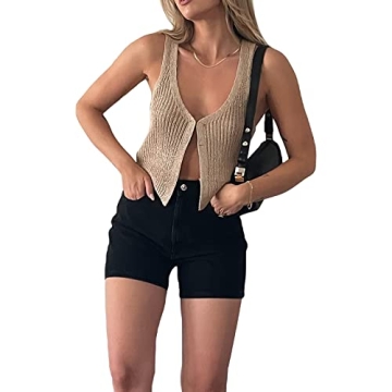 Women Summer Ribbed Crop Tank Tops Sleeveless Turtleneck Sweater Vest Teen Girls Slim Fit Crochet Kn...