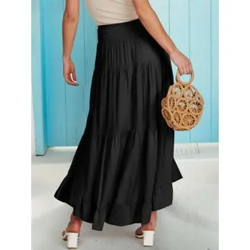 ANRABESS Women Summer Maxi Skirt Elastic High Waist Flowy Boho Casual Tiered Aline Long Beach Skirts 2025 Trendy Outfits Black Medium