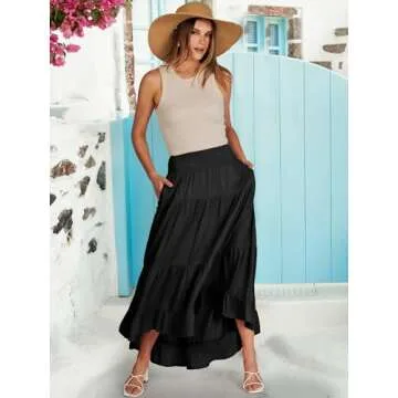 ANRABESS Women Summer Maxi Skirt Elastic High Waist Flowy Boho Casual Tiered Aline Long Beach Skirts 2025 Trendy Outfits Black Medium