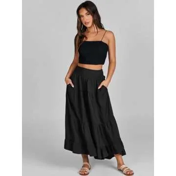 ANRABESS Women Summer Maxi Skirt Elastic High Waist Flowy Boho Casual Tiered Aline Long Beach Skirts 2025 Trendy Outfits Black Medium