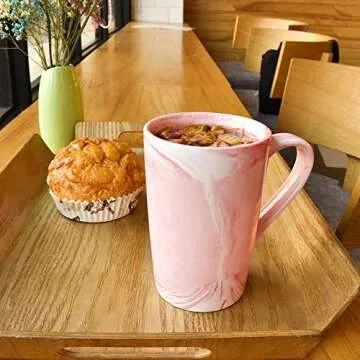 Smarlin Marbling Ceramic Coffee Tall Mug, Tea Cup for Office and Home, 13 Oz, Dishwasher and Microwave Safe, 1 PCS (Pink-high, 1)