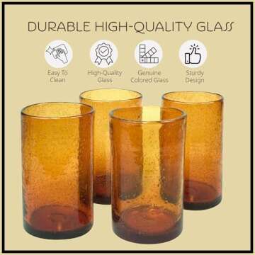 Artland 17oz Highball Tumbler, Set of 4 | Iris Seeded Design, Amber | Drinking Glass for Parties and Everyday Use - Mojito, Whiskey, Cocktail | Glassware & Kitchenware Essentials