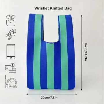 Anopo Women's Knotted Wristlet Knitted Bag Aesthetic Crochet Tote Bag Small Wrist Bag Sleeve-Knot-Pouch Striped Blue Green