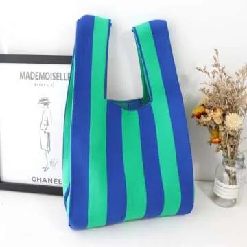 Anopo Women's Knotted Wristlet Knitted Bag Aesthetic Crochet Tote Bag Small Wrist Bag Sleeve-Knot-Pouch Striped Blue Green