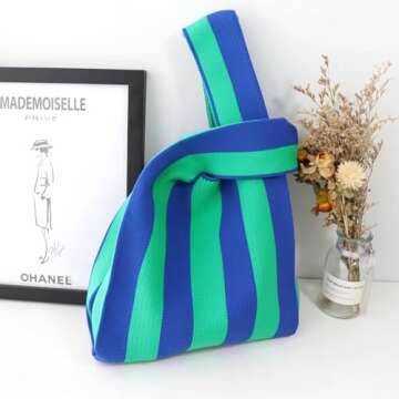 Anopo Women's Knotted Wristlet Knitted Bag Aesthetic Crochet Tote Bag Small Wrist Bag Sleeve-Knot-Pouch Striped Blue Green