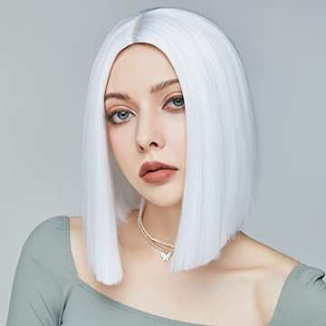 ENTRANCED STYLES White Wig Short Bob Wigs for Women 12Inch Heat Resistant Middle Part Straight Synth...
