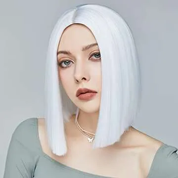 ENTRANCED STYLES White Wig Short Bob Wigs for Women 12Inch Heat Resistant Middle Part Straight Synth...