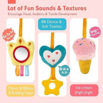 hahaland Car Seat Toys for Babies 0-6 Months Girl - Baby Toys 3-6 Months - Rattle, Mirror, Crinkle, Squeaky Carseat Stroller Toys 0-6 Months Developmental Newborn Baby Girl Easter Gifts