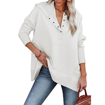 AlvaQ Womens Long Sleeve Oversize Button Down Sweatshirt Casual Ribbed Hoodie Pullover Tunic Tops wi...