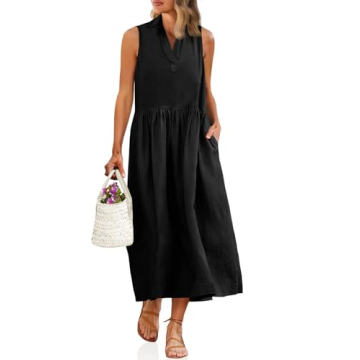 Wenrine Womens Summer Sleeveless Shirt Dress Casual Collared V Neck Cotton Pleated Loose Maxi Long D...