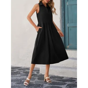 Wenrine Womens Summer Sleeveless Shirt Dress Casual Collared V Neck Cotton Pleated Loose Maxi Long Dresses with Pockets Black