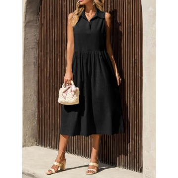 Wenrine Womens Summer Sleeveless Shirt Dress Casual Collared V Neck Cotton Pleated Loose Maxi Long Dresses with Pockets Black