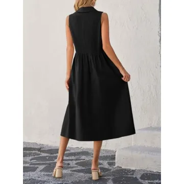 Wenrine Womens Summer Sleeveless Shirt Dress Casual Collared V Neck Cotton Pleated Loose Maxi Long Dresses with Pockets Black