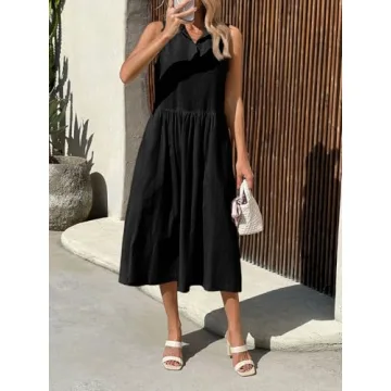 Wenrine Womens Summer Sleeveless Shirt Dress Casual Collared V Neck Cotton Pleated Loose Maxi Long Dresses with Pockets Black