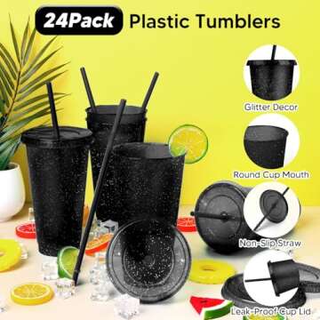 LEIFEOSH 24 Pack Plastic Tumblers with Lids and Straws, Reusable Cups with Lids Plastic Colorful Cup...
