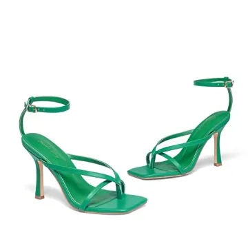 Elisabet Tang Womens Square Toe Heeled Sandals,4.3 inch Square Toe Thong Strappy Ankle Strap Stiletto Heel Sandals Wedding Dress Party Shoes Green Size 10