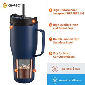 CIVAGO 30 oz Tumbler Mug with Lid and Straw, Insulated Travel Coffee Mug with Handle, Stainless Steel Vacuum Coffee Cup, Leakproof, Rose Gold