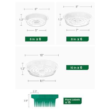 GROWNEER 15 Pack of 6, 8, 10 Inches Clear Plant Saucers Flower Pot Trays, with 15 Pcs Plant Labels, ...