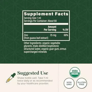 Global Healing USDA Organic Zinc Liquid Supplement - Pure Vitamin Drops for Immune System Boost, Hormone Balance, and Healthy Aging - Vegan-Friendly, Non-GMO - 2 Fl Oz