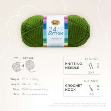 Lion Brand 24/7 Cotton Yarn, Lightweight Yarn for Knitting, Crocheting, and Crafts, Grass, 1 Pack