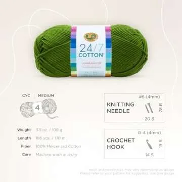 Lion Brand 24/7 Cotton Yarn, Lightweight Yarn for Knitting, Crocheting, and Crafts, Grass, 1 Pack