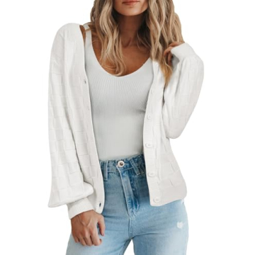 EVALESS Cardigan Sweaters for Women 2024 Fashion Trendy Lightweight Fall Cropped Chunky Checkered Kn...