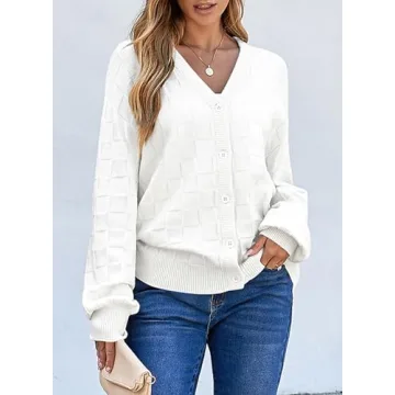 EVALESS Cardigan Sweaters for Women 2024 Fashion Trendy Lightweight Fall Cropped Chunky Checkered Knit Long Sleeve Open Front Cardigans Tops Outfits,White Small