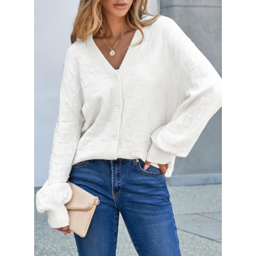 EVALESS Cardigan Sweaters for Women 2024 Fashion Trendy Lightweight Fall Cropped Chunky Checkered Knit Long Sleeve Open Front Cardigans Tops Outfits,White Small