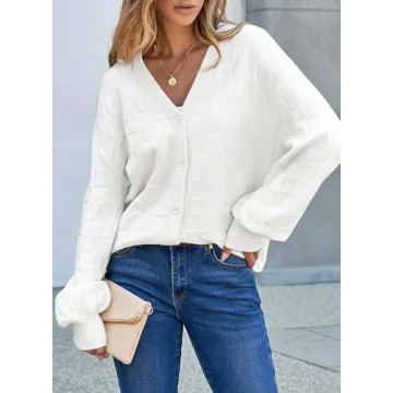 EVALESS Cardigan Sweaters for Women 2024 Fashion Trendy Lightweight Fall Cropped Chunky Checkered Knit Long Sleeve Open Front Cardigans Tops Outfits,White Small