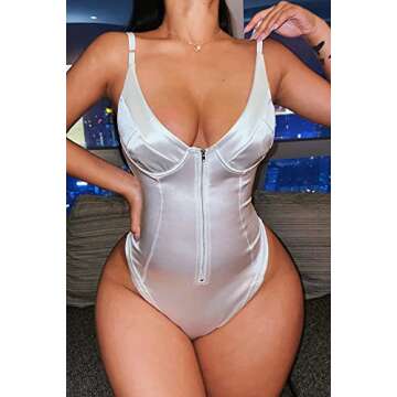 Velius Women's Sexy Deep V Neck Front Zipper Shiny Tank Tops Underwire Bodysuit (Medium, White)